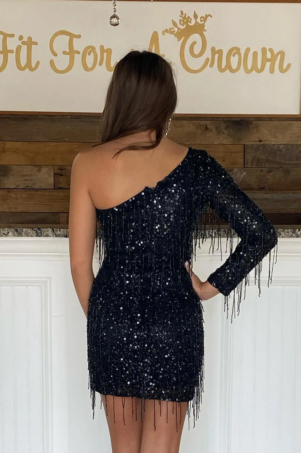 Bodycon One Sleeve Sequins Black Short Homecoming Dresses VK081303