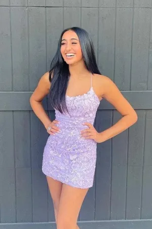 Bodycon Scoop Neck Lilac Tight Short Homecoming Dress with Appliques VK23091702