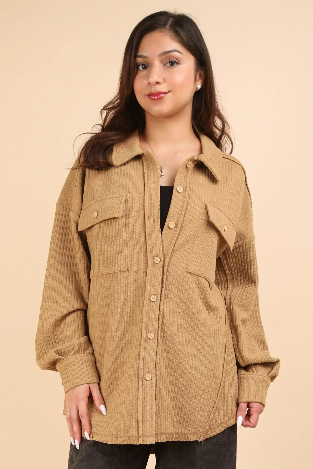 Button Down Textured Knit Shacket