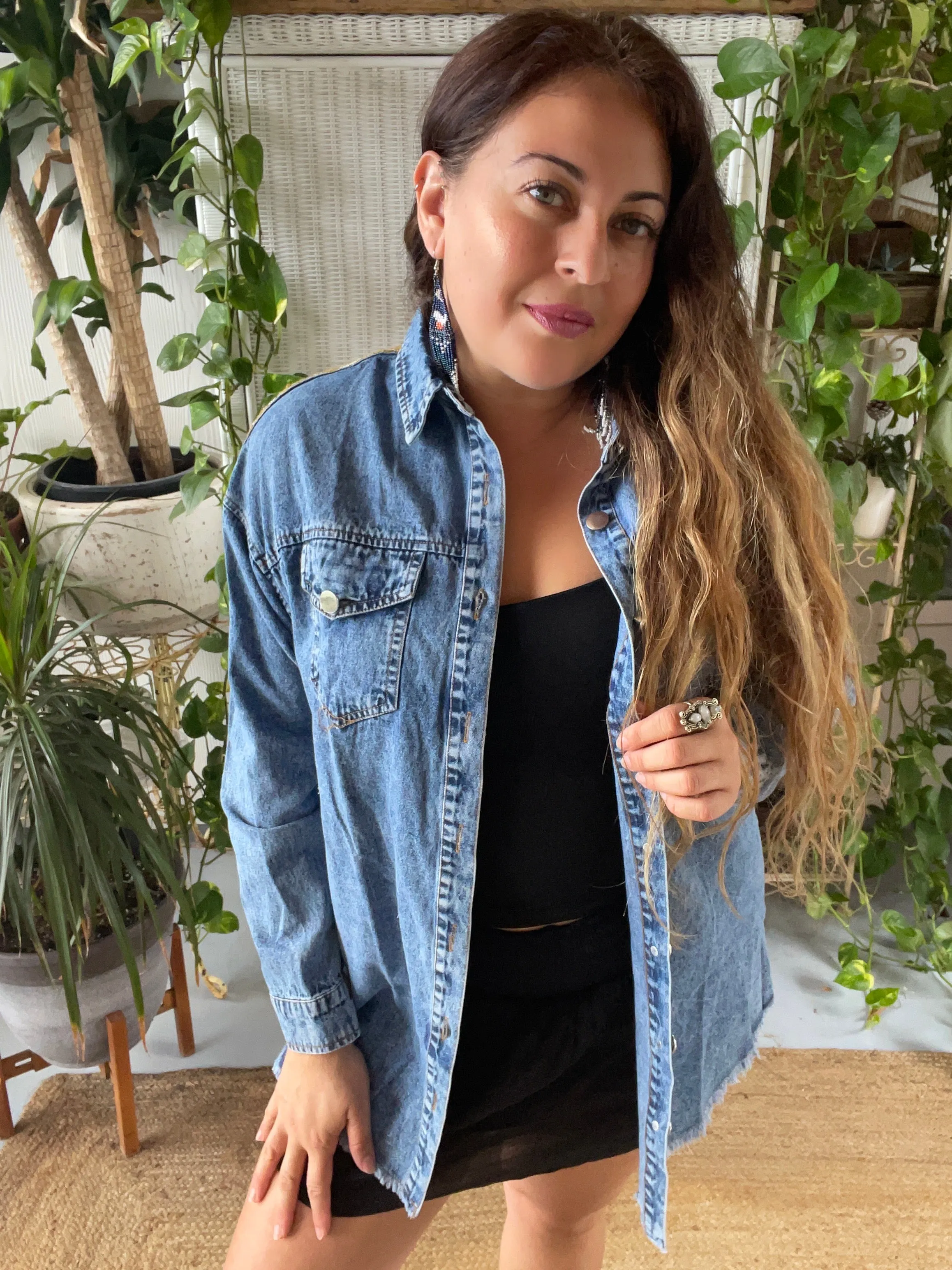 Chenille Hamsa embroidered denim dress or jacket