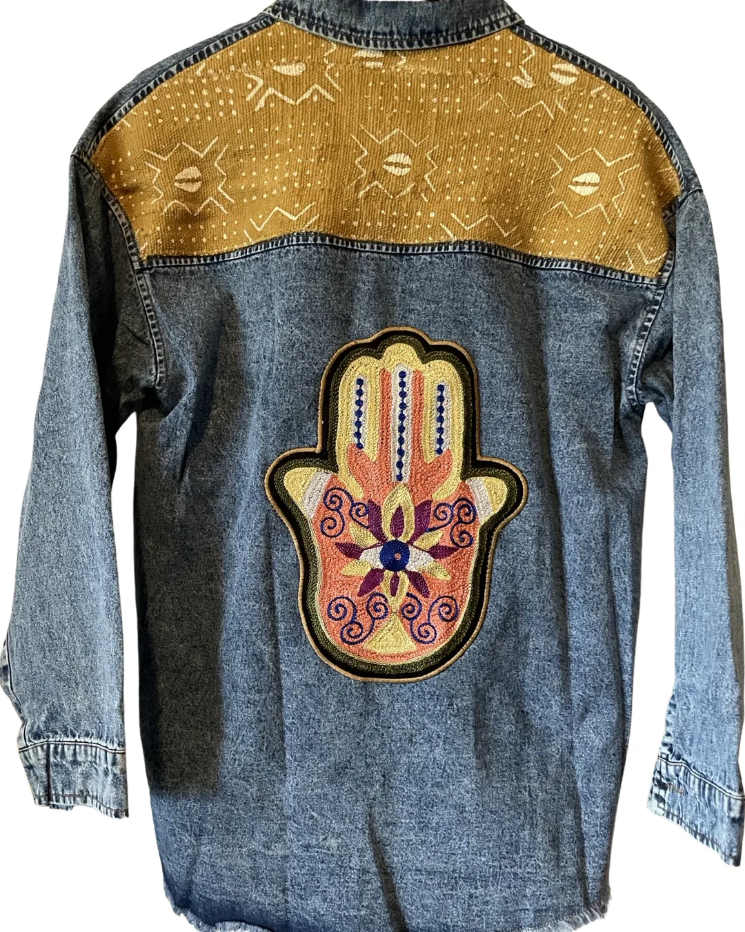 Chenille Hamsa embroidered denim dress or jacket