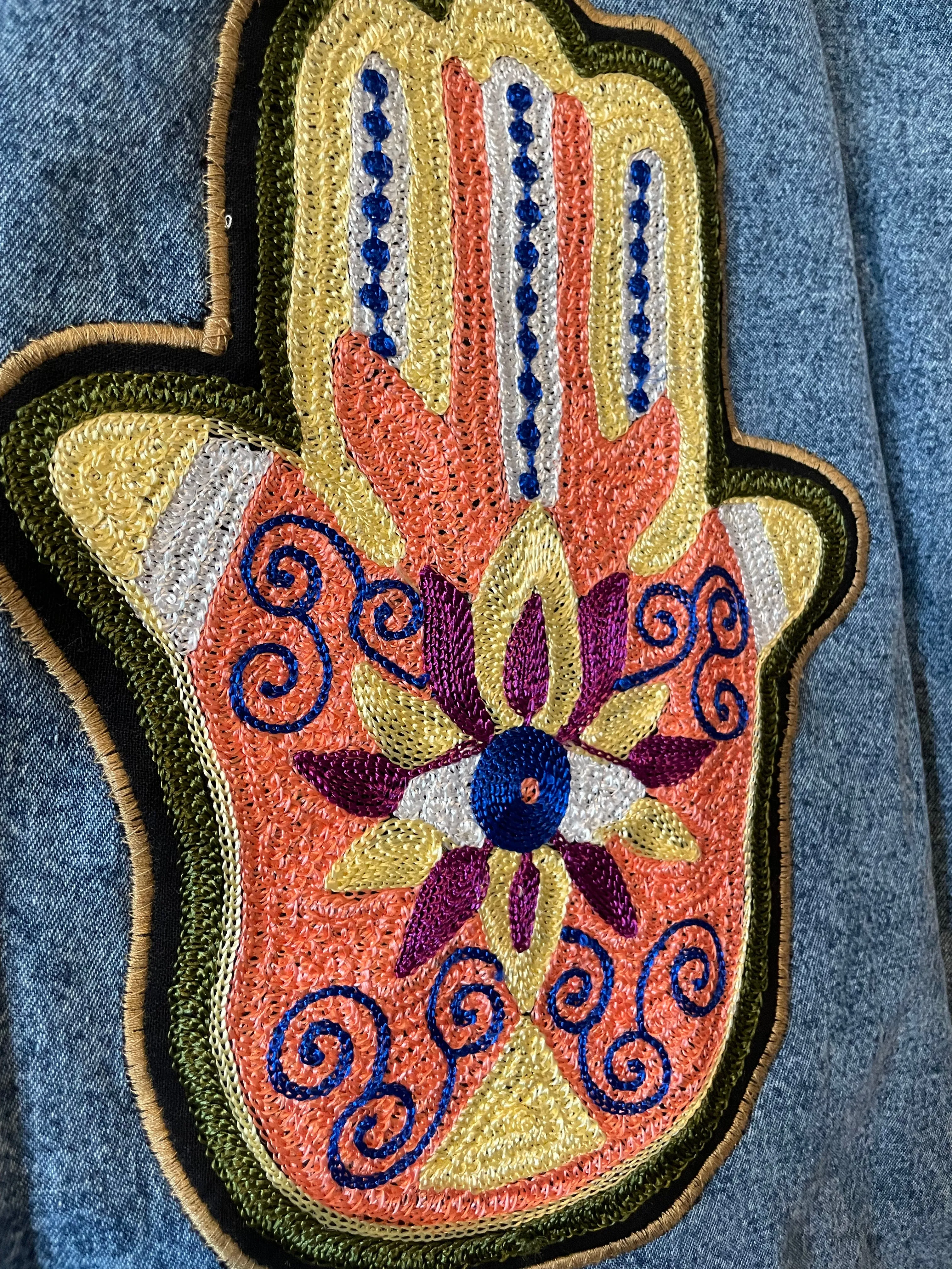 Chenille Hamsa embroidered denim dress or jacket