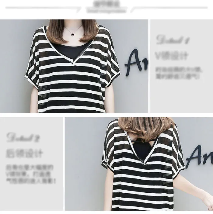 Dress Wanita Hitam Putih Garis Garis Leher V Lengan Pendek