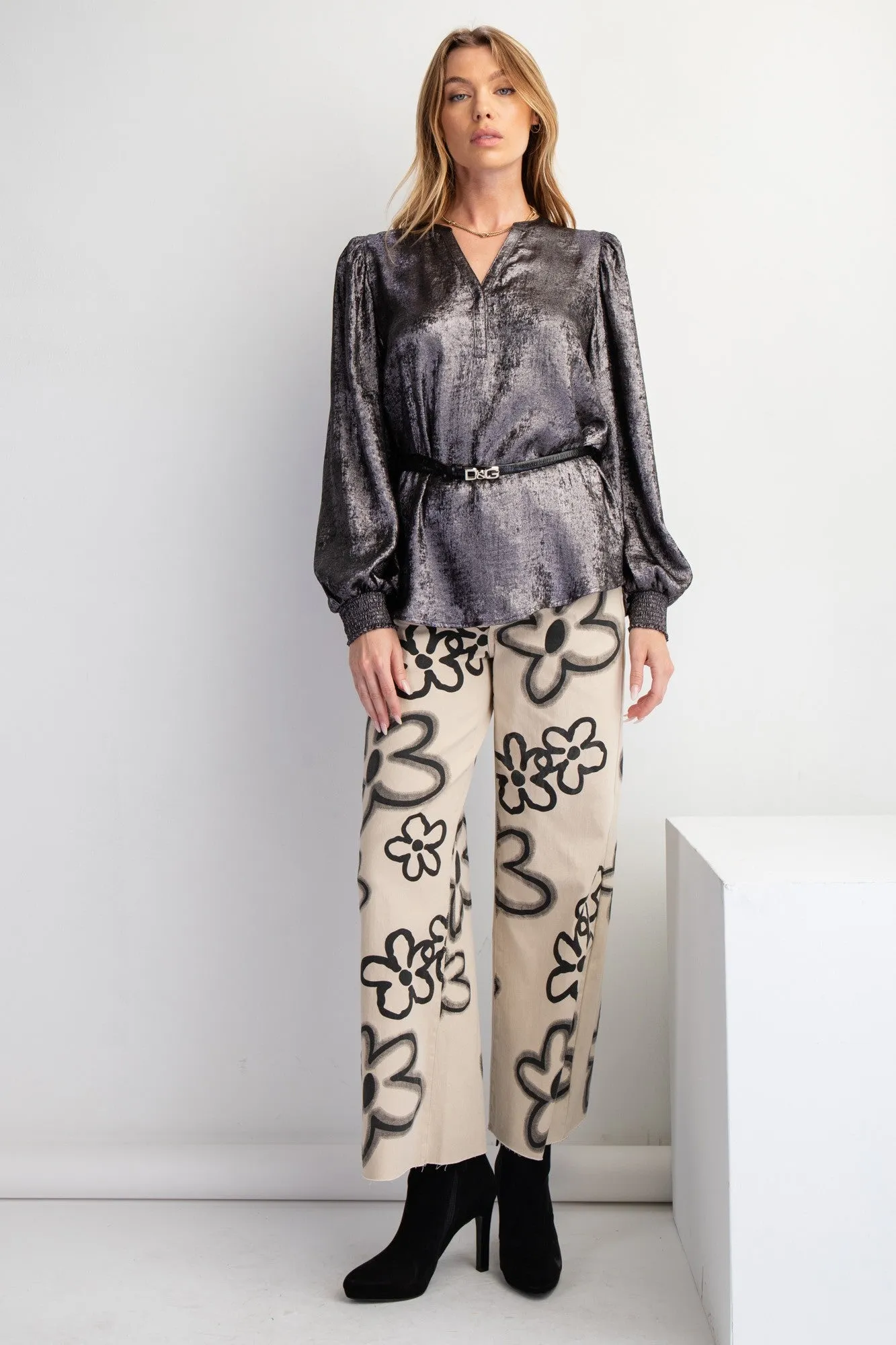 Large Flower Print Washed Out Wide Leg Twill Pants