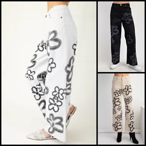 Large Flower Print Washed Out Wide Leg Twill Pants