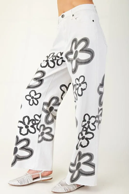Large Flower Print Washed Out Wide Leg Twill Pants