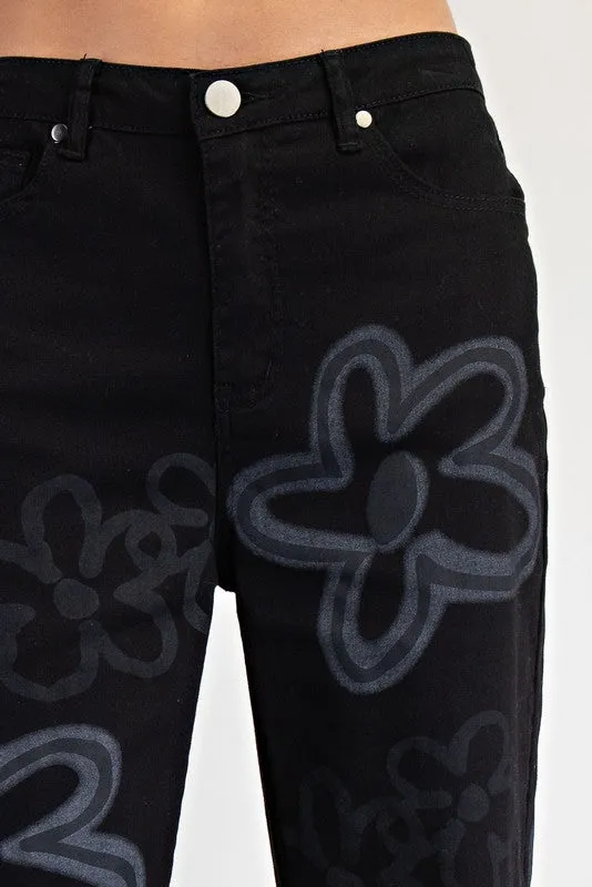 Large Flower Print Washed Out Wide Leg Twill Pants