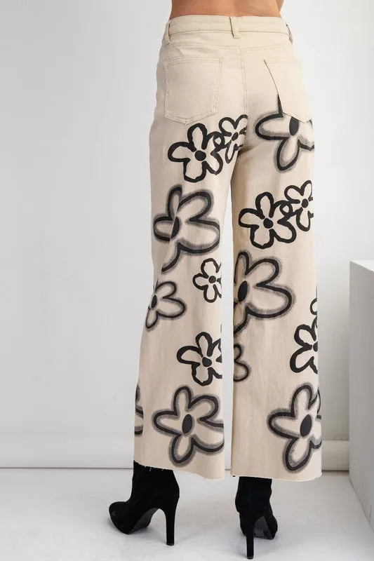 Large Flower Print Washed Out Wide Leg Twill Pants