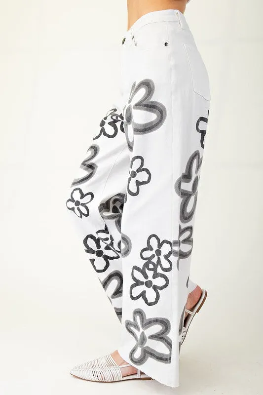Large Flower Print Washed Out Wide Leg Twill Pants