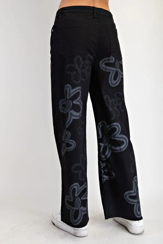 Large Flower Print Washed Out Wide Leg Twill Pants