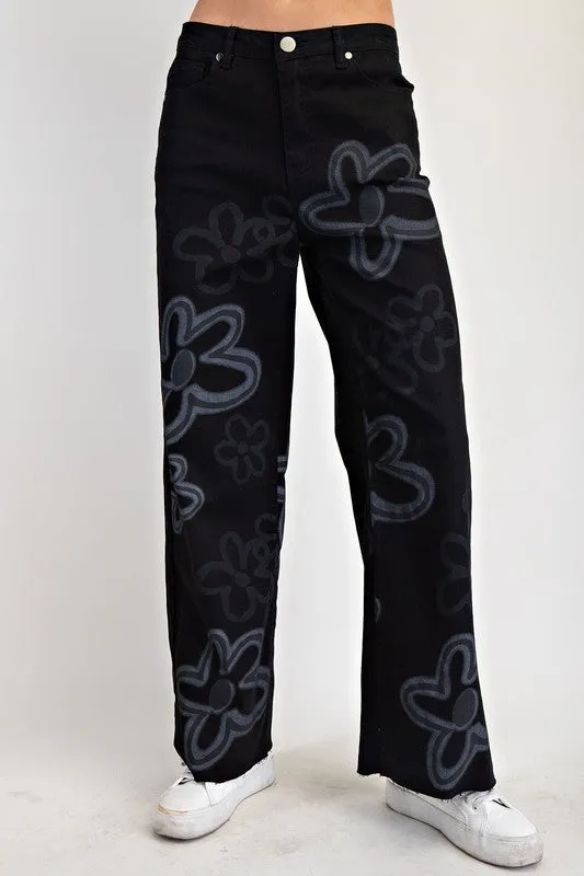 Large Flower Print Washed Out Wide Leg Twill Pants