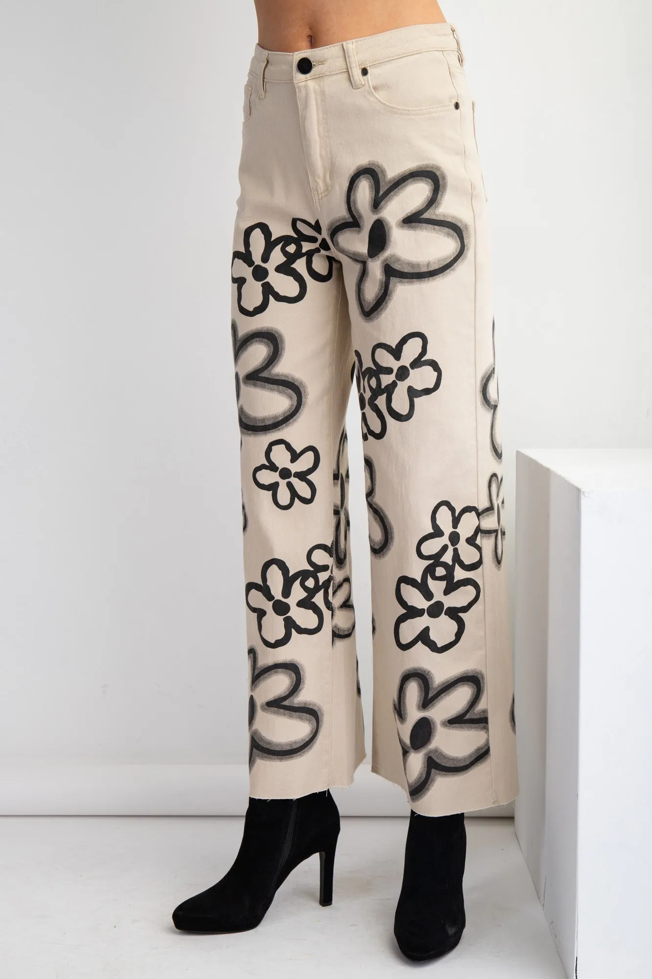 Large Flower Print Washed Out Wide Leg Twill Pants