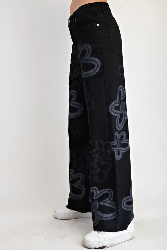 Large Flower Print Washed Out Wide Leg Twill Pants