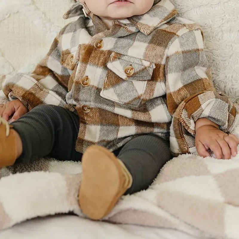 Mebie Baby - Flannel Shacket in Camel Plaid
